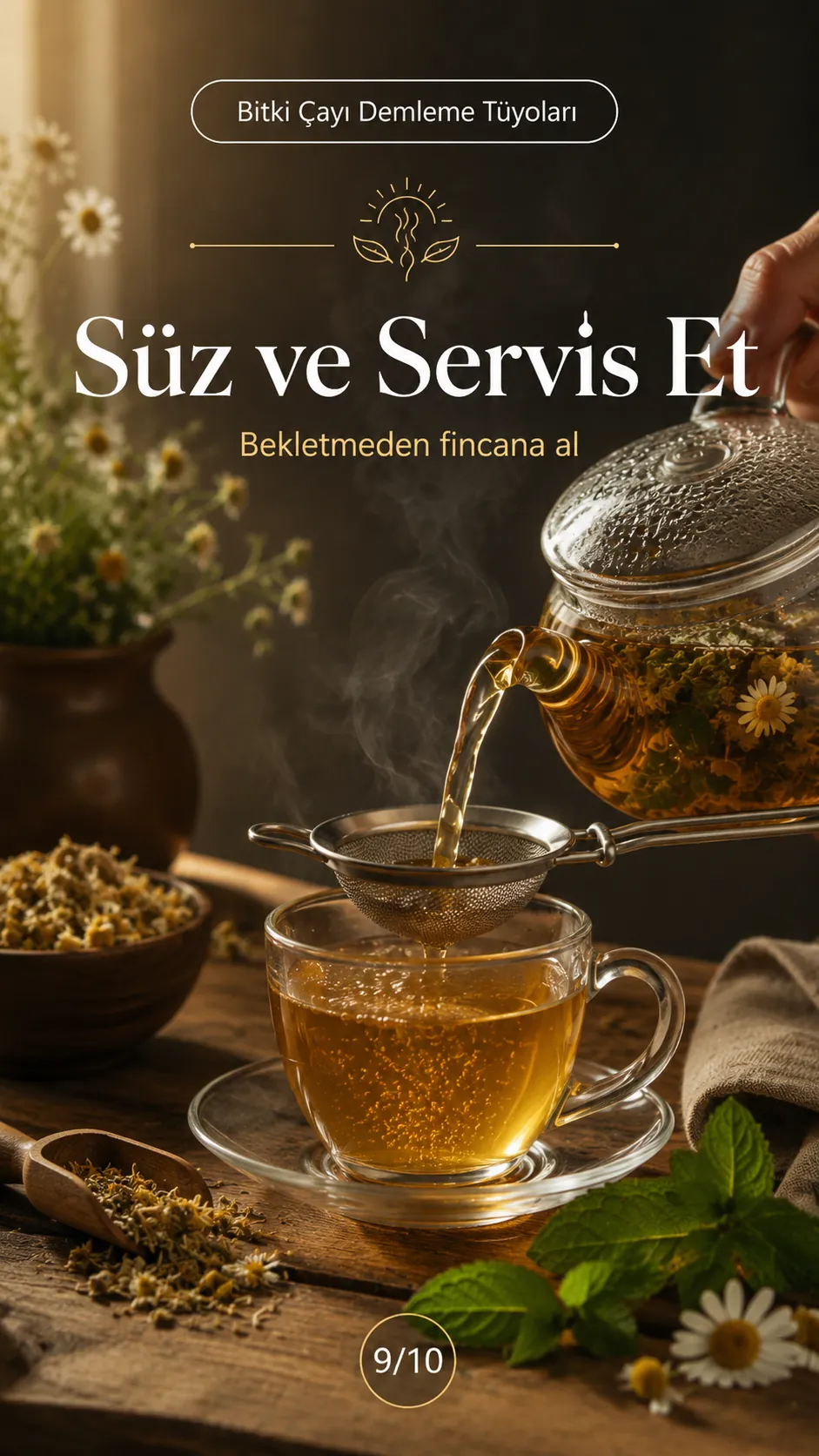 Bitki çayını süzerek zamanında servis etme