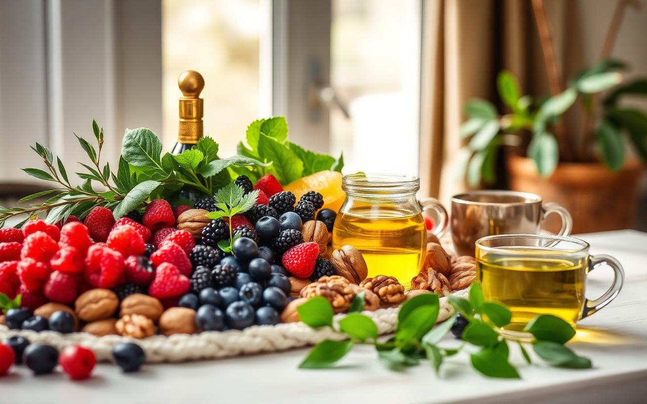 Sağlıklı Yaş Alma (Longevity) ve Hücresel Sağlık — Zeytinyağı, böğürtlen, ceviz, yeşillik ve yeşil çaydan oluşan…
