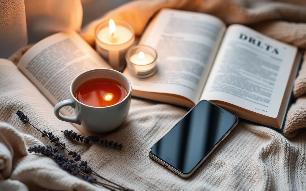 Sinir Sistemi Regülasyonu ve Aşırı Optimizasyona Tepki — Bitki çayı, mum, açık kitap ve ters çevrilmiş telefonla huzurlu…