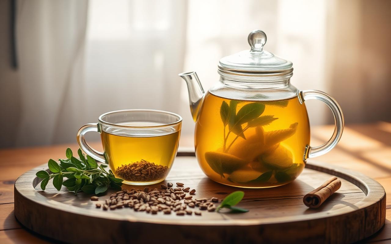 Zayıflama Sürecinde Detoks Çayı Nasıl Kullanılır? — Cam çaydanlıkta altın rengi bitkisel detoks çayı, rezene tohumu ve…